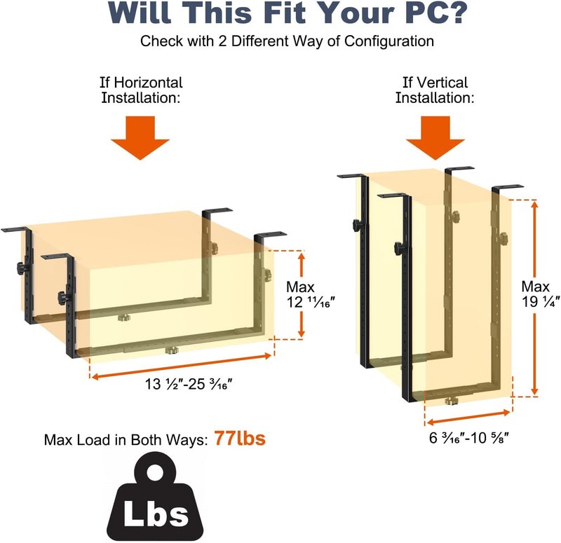 PUTORSEN Under Desk PC Mount for Mid/Mini-Tower Cases - Vertical/Horizontal CPU Holder up to 77 lbs, Space-Saving Computer Rack for ATX/Micro-ATX/Mini-ITX (Black) - Image 3